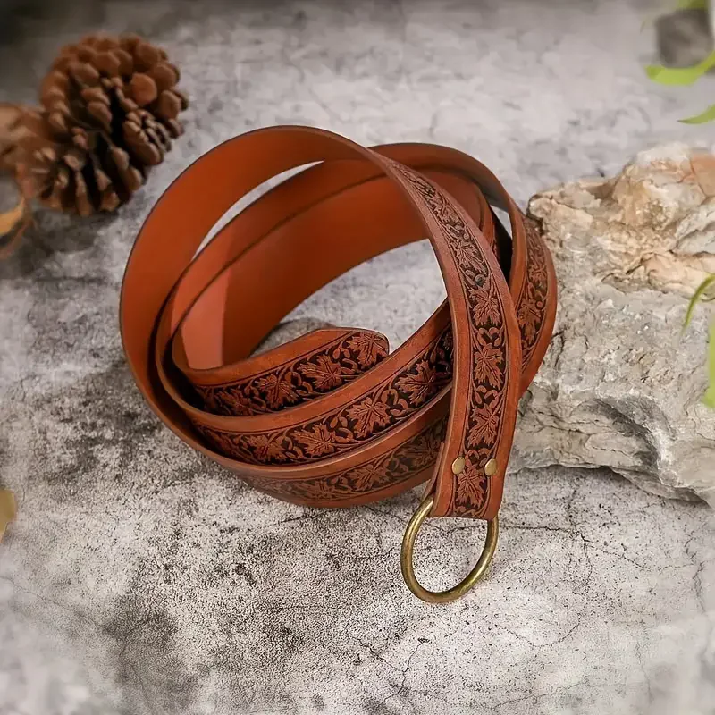 Medieval Vintage Renaissance Forest Leaf Embossed O-Ring Adjustable PU Belt  For LARP and Fantasy Cosplay Costume Accessories