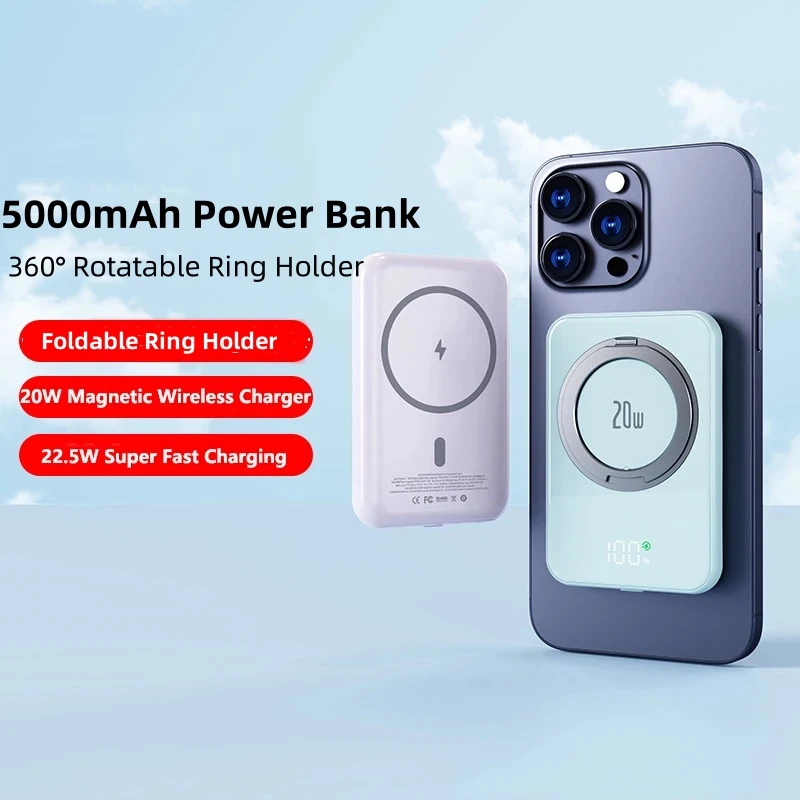 5000mAh Magnetic Power Bank 22.5W Fast Charging Powerbank for iPhone 15 14 13 Samsung Portable Charging Station with Ring Holder