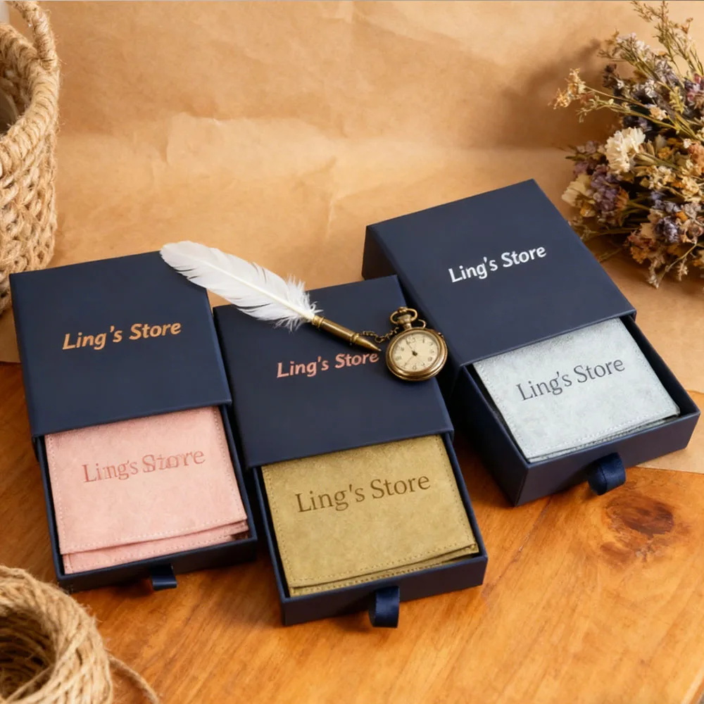 

100Sets Navy Blue Drawer Jewelry Box Paper Sliding Case Inside With Packaging Small Envelope Flap Microfiber Jewelry Gift Pouch