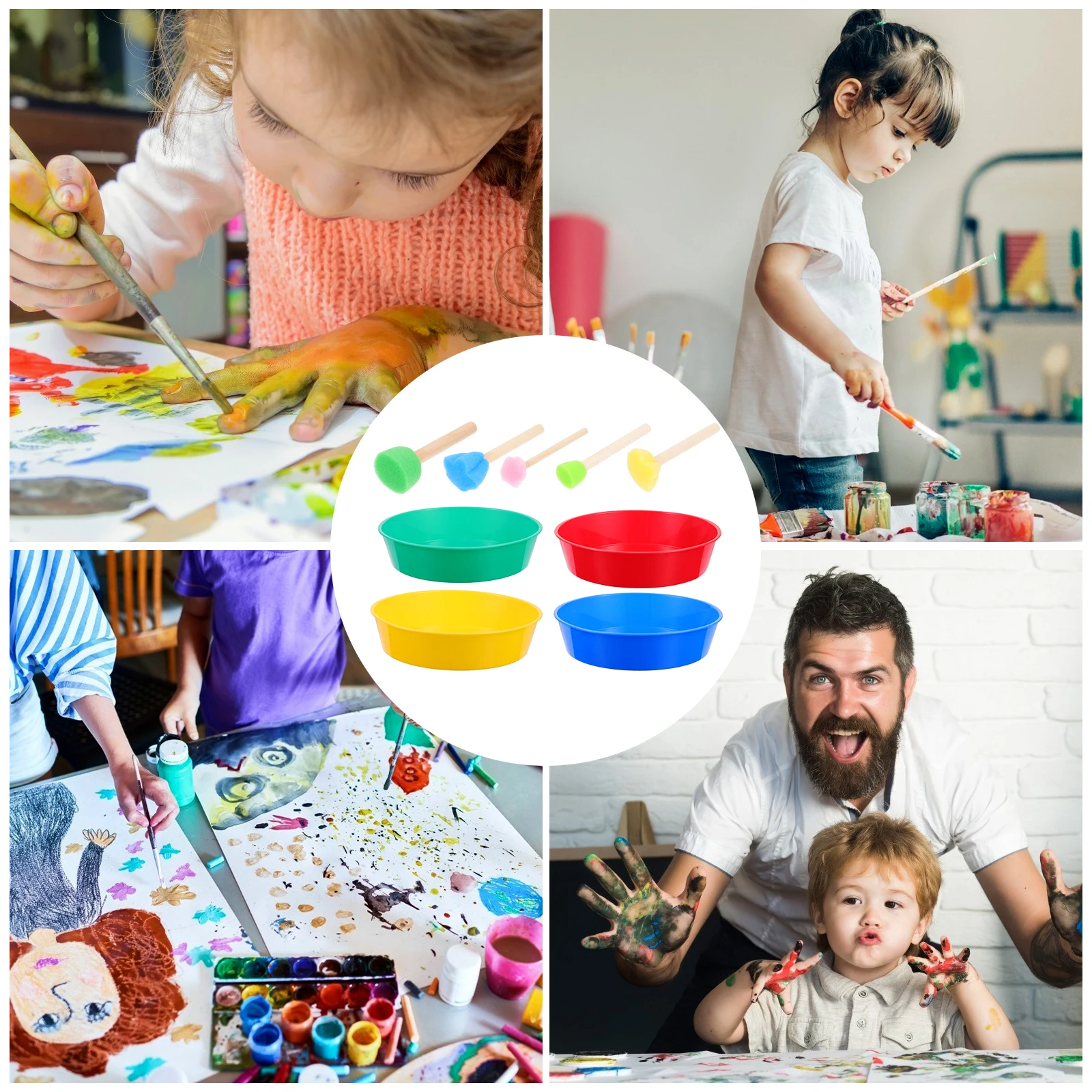 

1 Set Plastic Kids Painting Brush Kit Pigment Tray Color Mix Bowls Ergonomic Handle Durable Lightweight Safe For Children Art