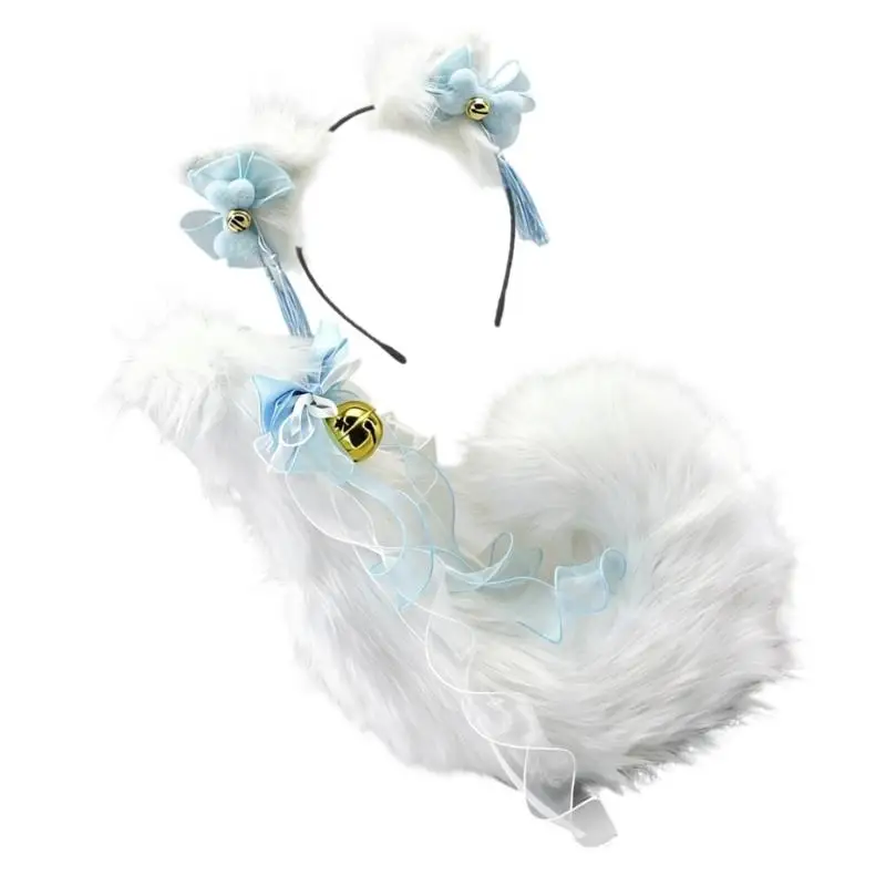 A52E Anime Cosplay Requisiten Katzen Ohren und Schwanz Set Plüsch Pelzigen Ohren Hairhoop mit Schwanz – Detail 8