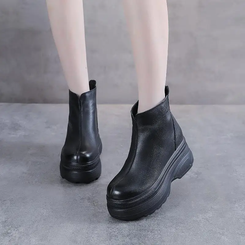 

Genuine Leather Motorcycle Boots Women's Short Thick Heel Booties round Toe Pull Zipper Pure Color Autumn Season Fashion Boots