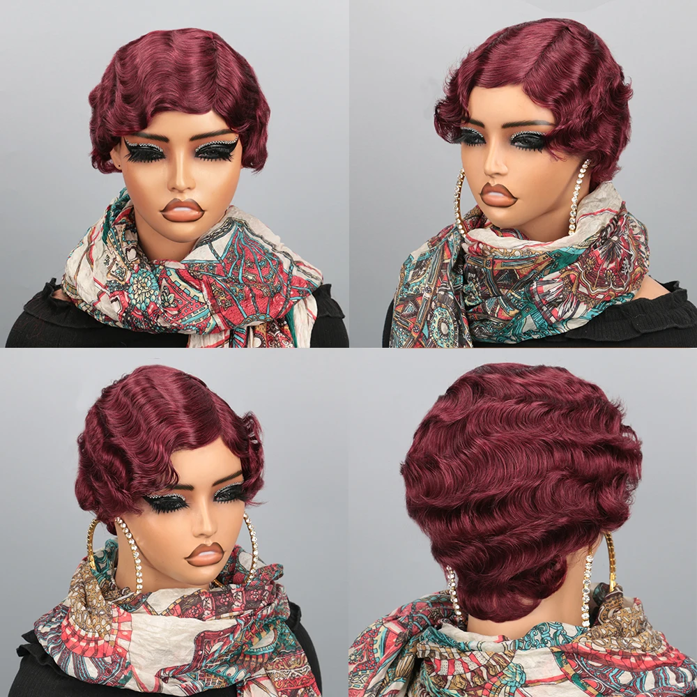 Short Pixie Cut Human Hair Wig, Finger Ocean Wave, Full Machine Made