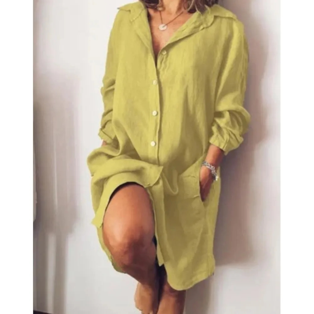 

Casual Loose Shirts Dress Women Spring Autumn Long Sleeve Cardigan Single Breasted Cotton Blend Beach Midi Dresses Robe Femme