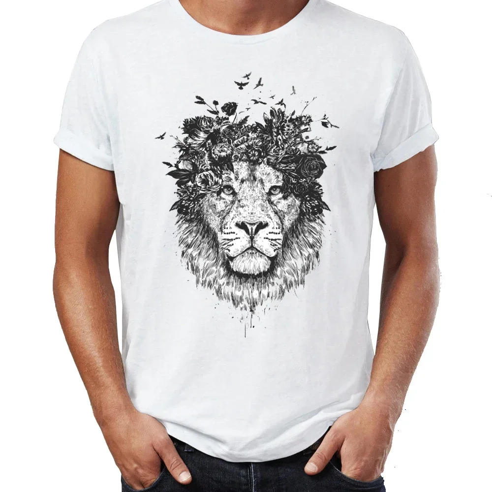 Black And White Drawing Artsy Animal Tshirt Tees Tops Harajuku Summer Men's t-shirt Floral Nature Lion Awesome  Streetwear