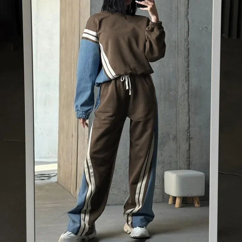 Autumn Winter Sport Women Tracksuit Fitness Outfits Chic 2024 Elegant Spliced Stripe Sweatshirt Top Pants Joggers Two Piece Set