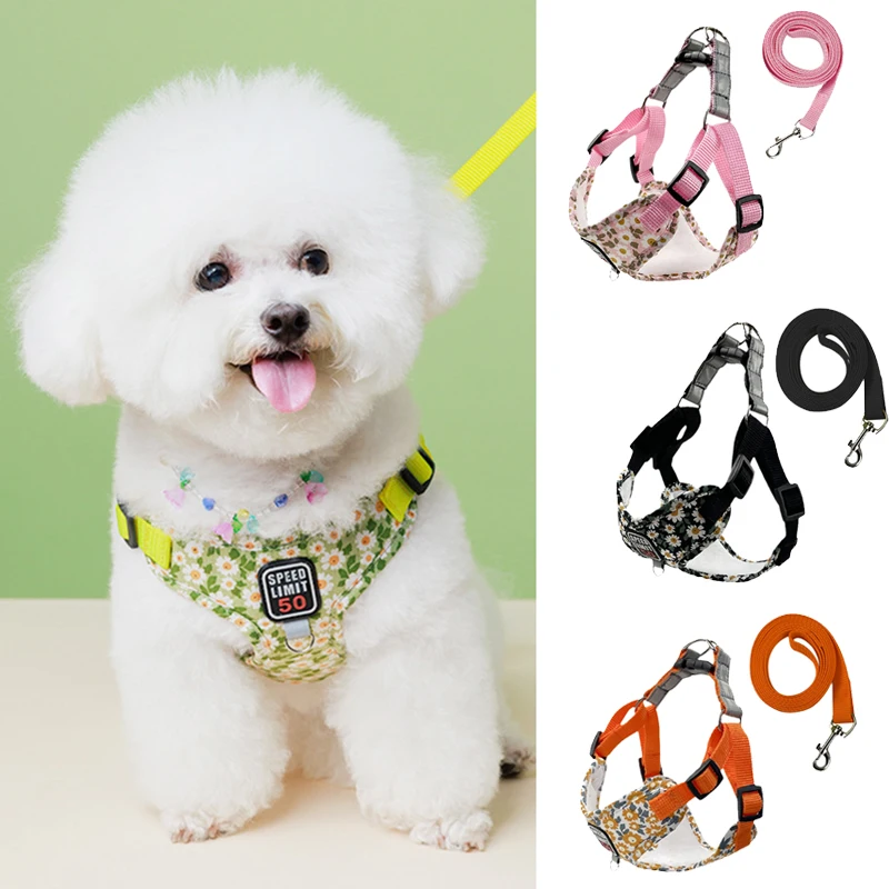 Daisy Print Dog Harness and Leash Set Reflective Adjustable Pet Harnesses for Small Dogs Chihuahua Yorkshire correa perro