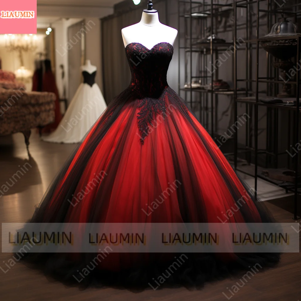 Hand Made Red Tulle Black Lace Edge Applique Full Length Lace Up Back Evening Dress Formal  Elagant Clothing Customized W1-5