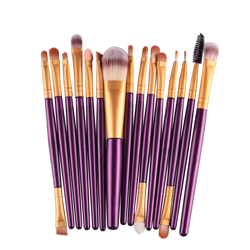 Set di pennelli per trucco professionale da 15 pezzi Setole in nylon morbido Manico in plastica Aspetto naturale per trucco per donna Viola dorato