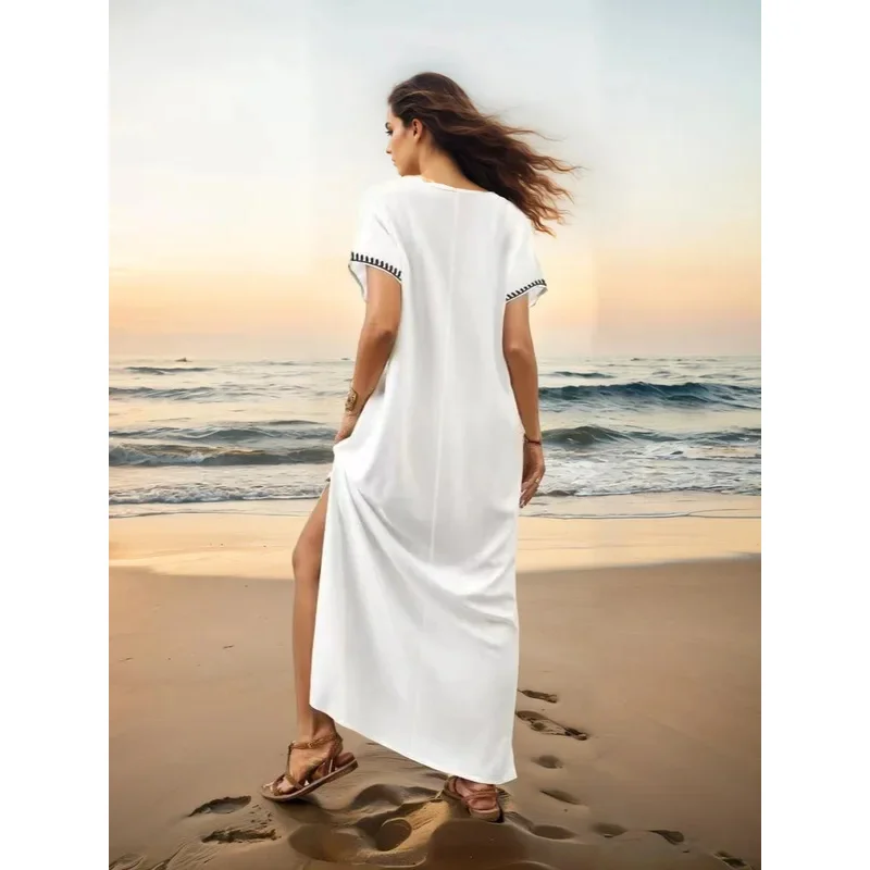 Kaftan Dresses for Women Floral Embroidery Bathing Suit Cover Up V Neck Caftan Swimsuit Coverup