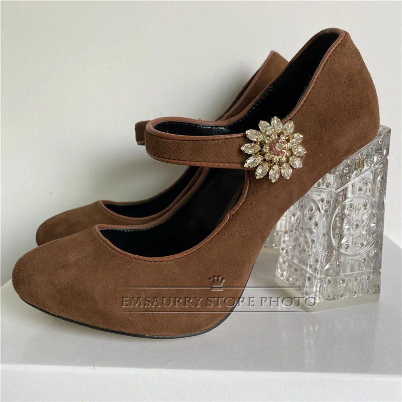 Multicolor Luxury Suede Banquet Shoes Woman Diamond Rhinestone Square Chunky Heel Buckle Belt Spring Women Pumps