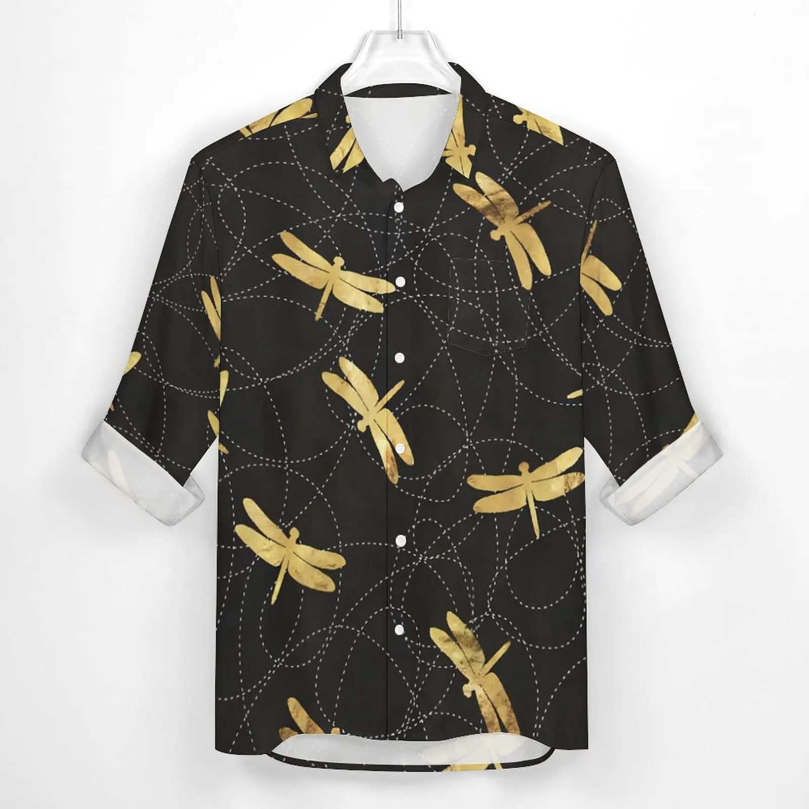 Gold Dragonfly Y2K Casual Shirt Men Modern Animal Shirt Autumn Cool Blouses Long Sleeve Printed Oversized Clothing