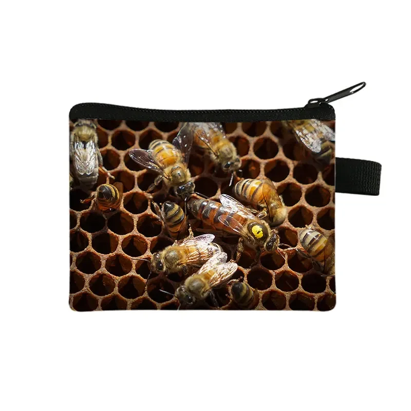 Cute Honey Bee Flower Print Coin Purse Honeycomb Women Wallets ID Credit Card Earphones Bag Zipper Pouch Mini Money Storage Bags