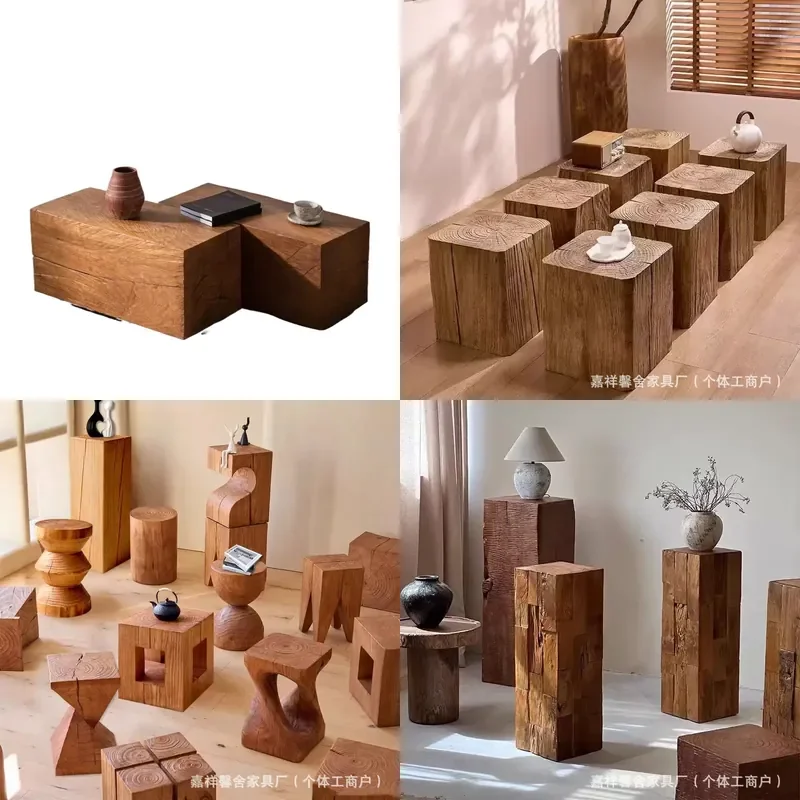 For Old Elm Coffee Table Living Room Decoration Small Wooden Side Table Entrance Handicraft Flower Pot Base Solid Wood Stump