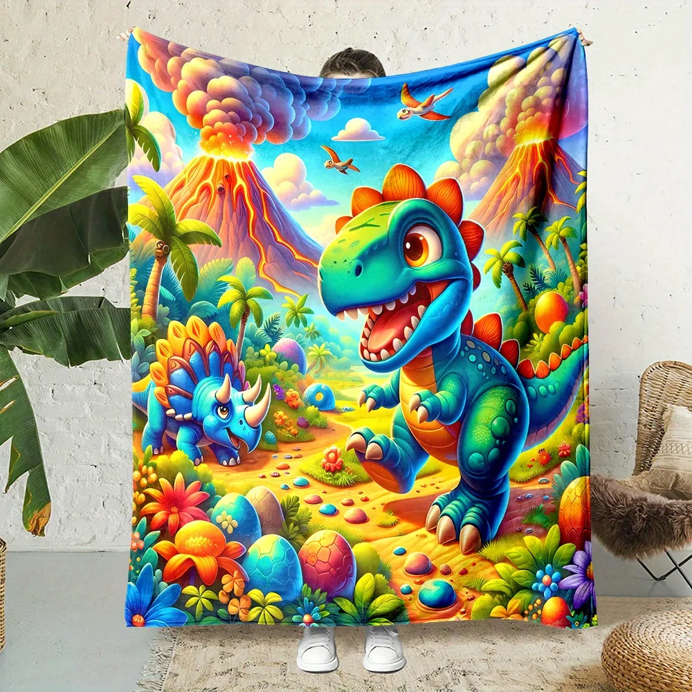 Dinosaur Volcano Adventure Blanket Reversible Flannel Throw for Kids Room AllSeason Comfort Prehistoric Themed Gift