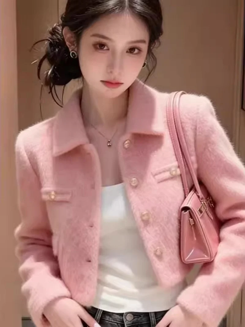 2026 Korean Style Pink Short Jacket Women's Gentle Plush Coat Spring And Autumn Design Crop Top w2349