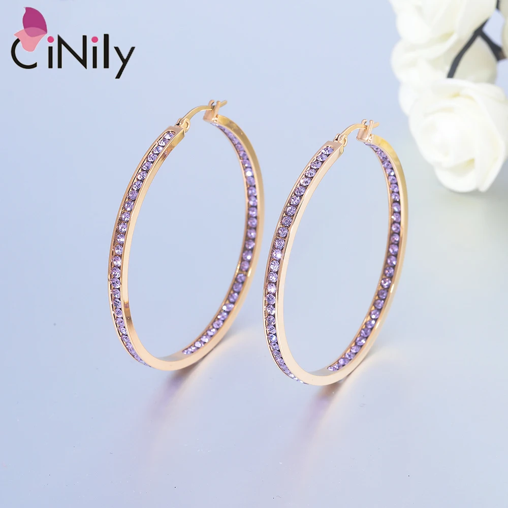 CiNily Hoop Earrings Silver Plated Mult-colors CZ Crystal Stone Stainless Steel Big Round Punk Earring for Women Summer Jewerly