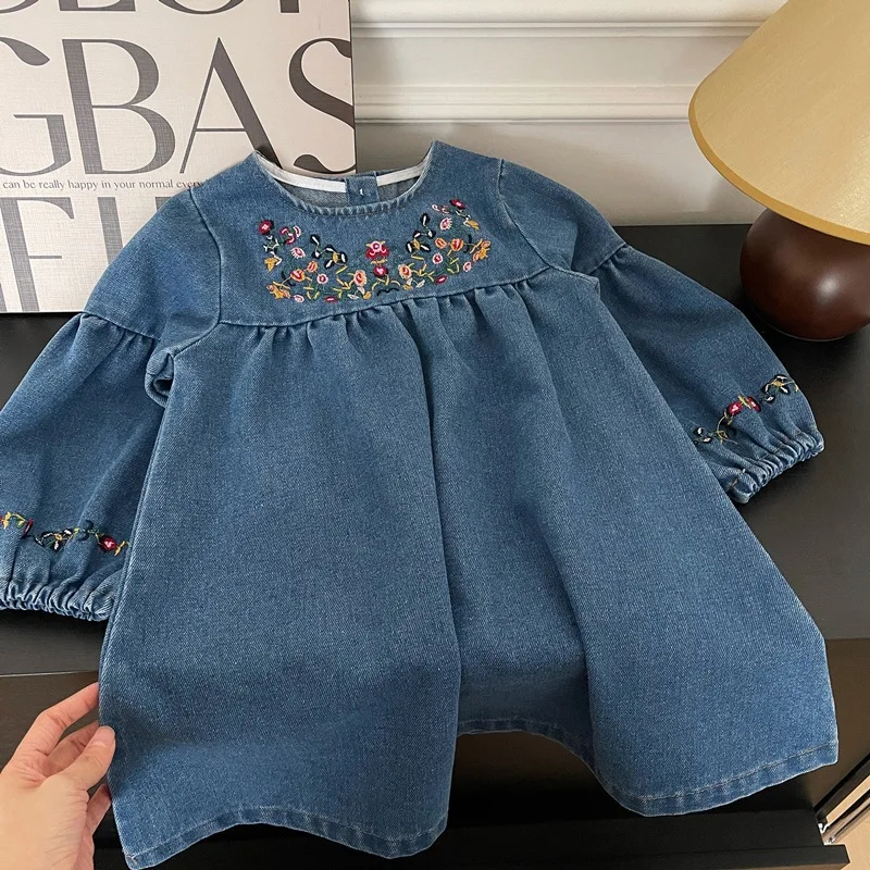 

​​2025 Korean Style Girls Princess Denim Dress Long Sleeve Embroidered Spring Autumn Toddler Dresses 2-8 Years