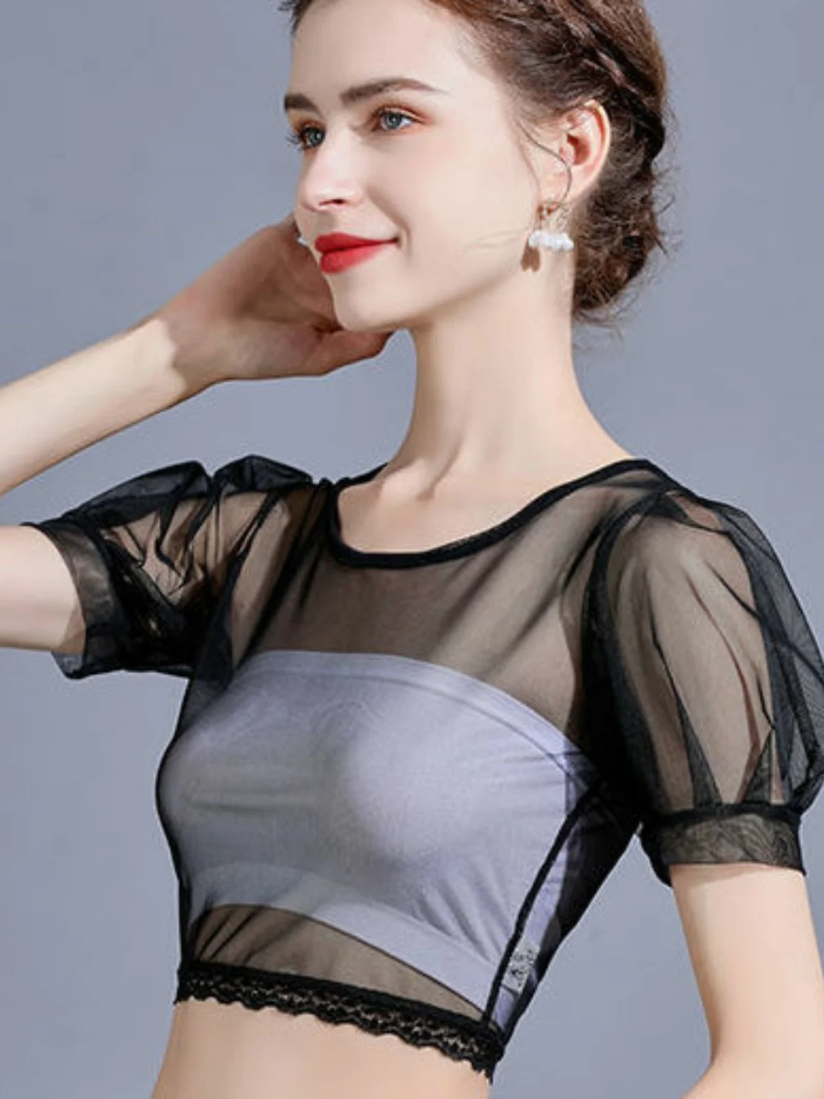 Summer New Style Ultra-Short Lace Nylon Slim Fit Overhead round Neck Black White Pure Color Mesh Shirt Women's T-shirt
