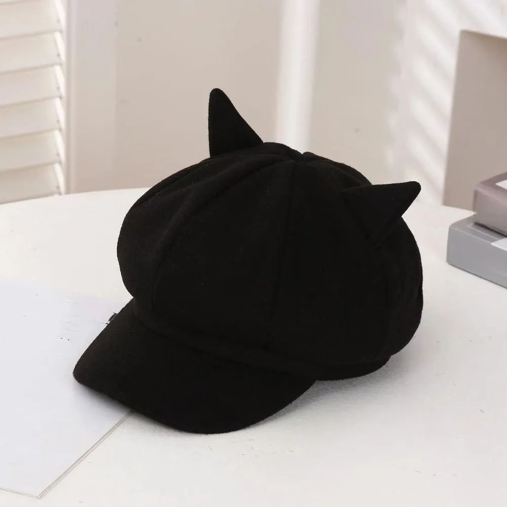 

Retro Adjustment Cat Ear Hat Cute Cat Ears 8 Panel British Beret Hat Solid Color Comfortable To Wear Women Hat Artist