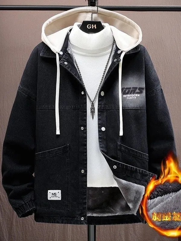 

Men's Fce Lined Thiened Hooded Denim Jaet Trendy Youthful Sle Removable Cap Workwear Jaet for Autumn Winter
