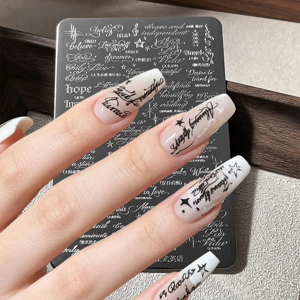Handgeschriebene englische Kursivschrift-Vorlage, Edelstahl-Nagelstempelplatte, Transferwerkzeug für französische Maniküre und Nagelkunst – Detail 5