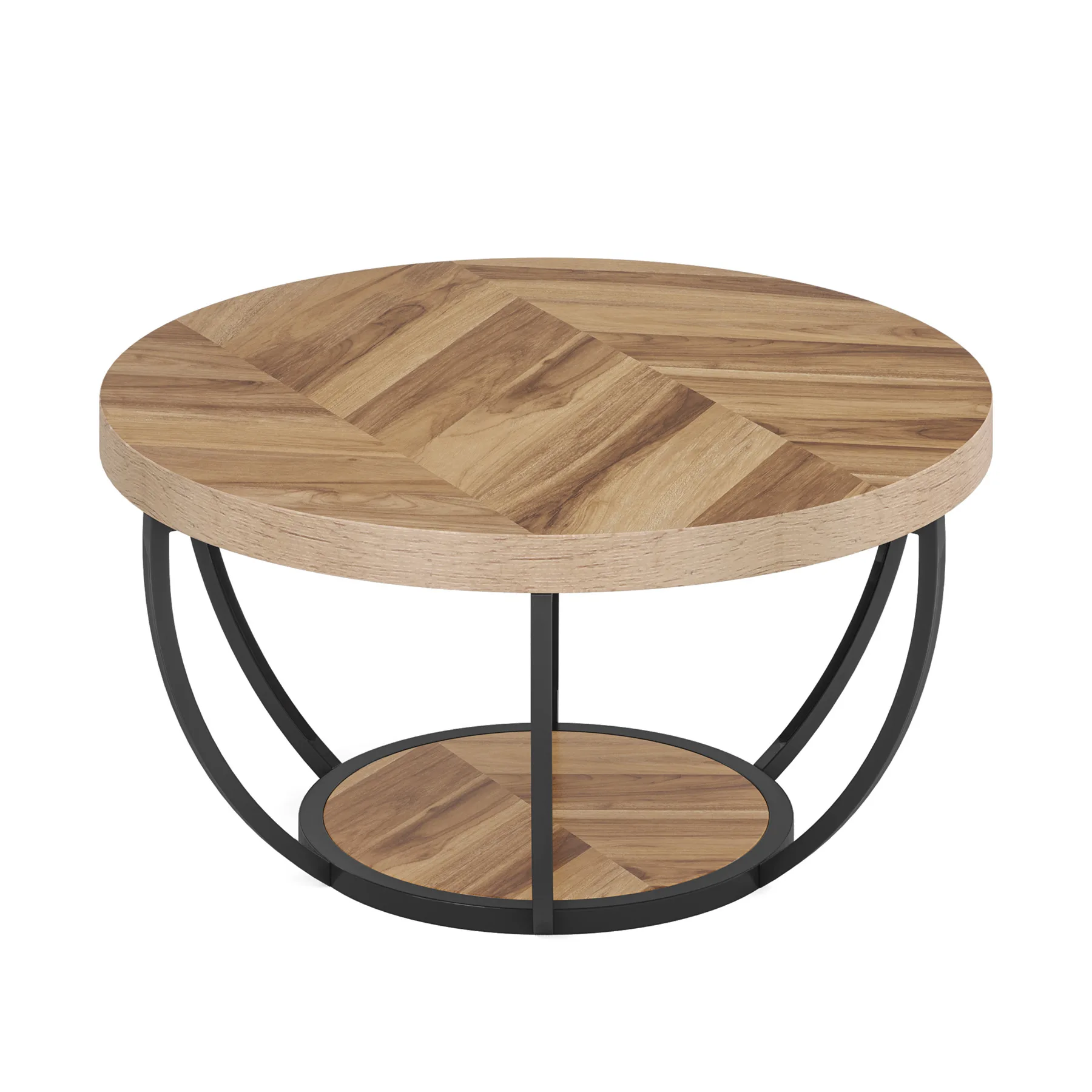 # Modern Round Coffee Table with Metal Frame Solid Wood Coffee Table Storage Shelf Living Room Furniture Side Table^