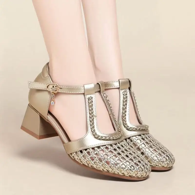 Women Summer New Woven Closed Toe Block Heel Sandals High Quality Soft Sole Round Toe Hollow Out Cover Heel Modern Sandals