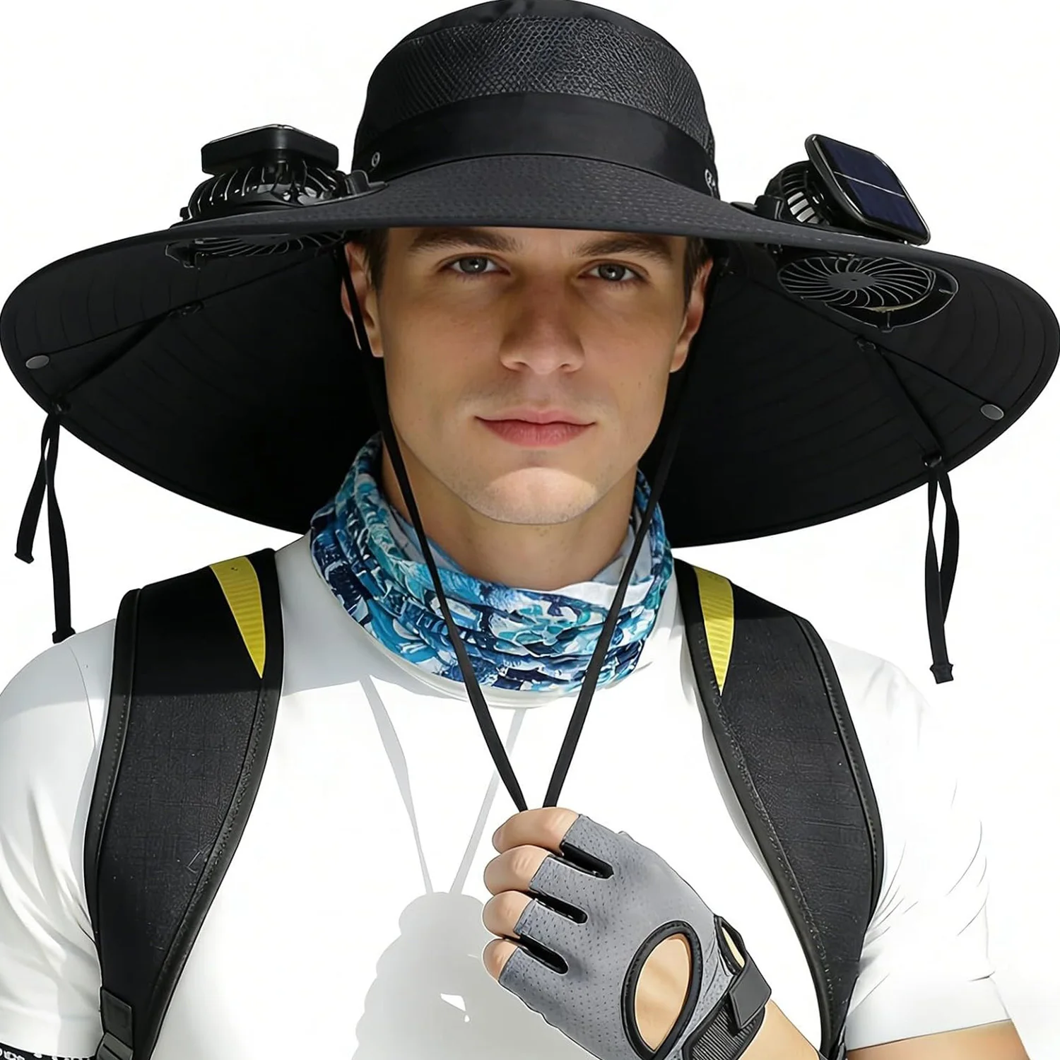 Wide Brim Sun Hat with 2 Removable Fan Solar Powered Fan Hat Rechargeable Summer Visor Cap for Outdoor Camping Hiking Fishing