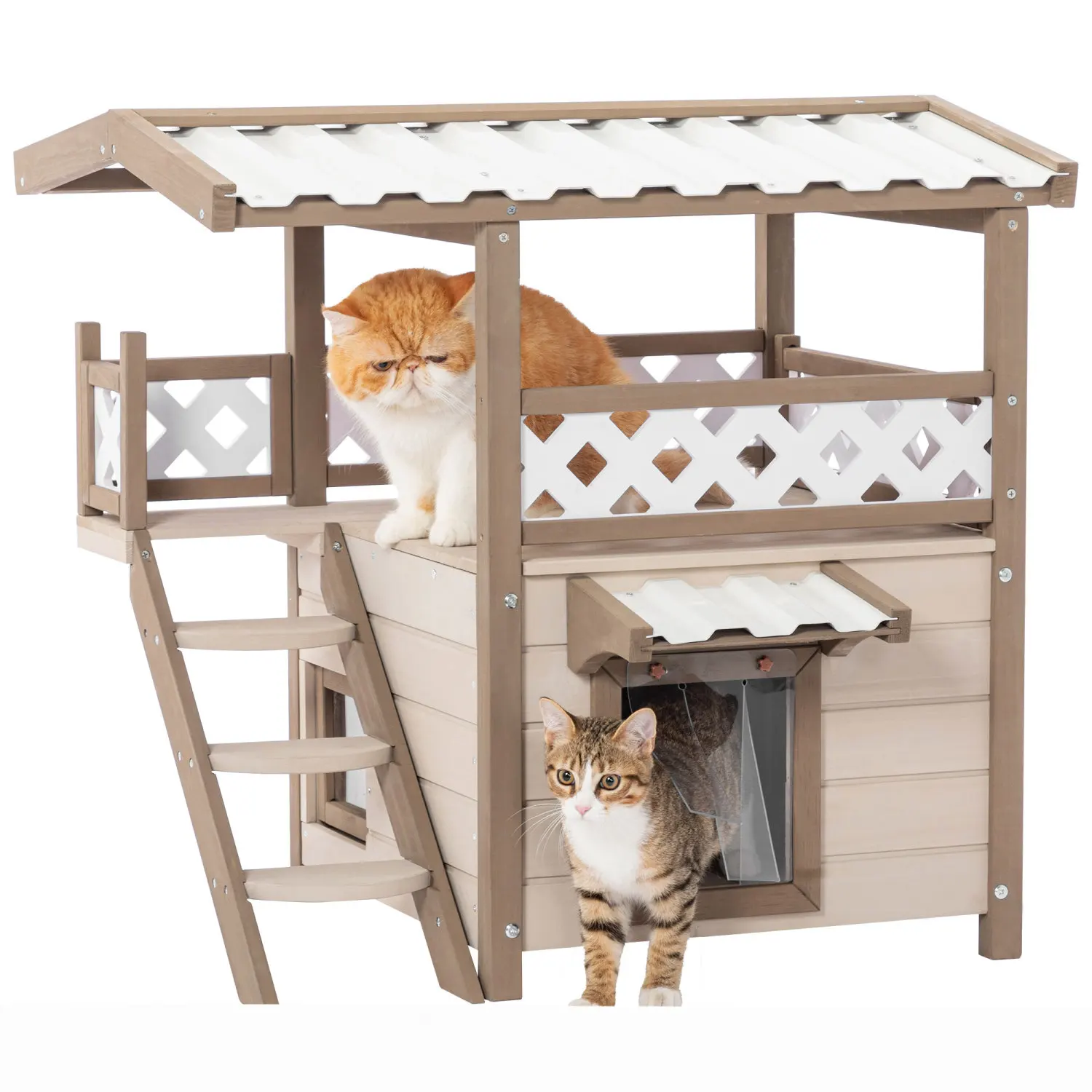 Feral Cat House Outdoor Indoor Kitty Houses with Durable PVC Roof, Escape Door,Curtain and Stair,2 Story Design Perfect for Mult