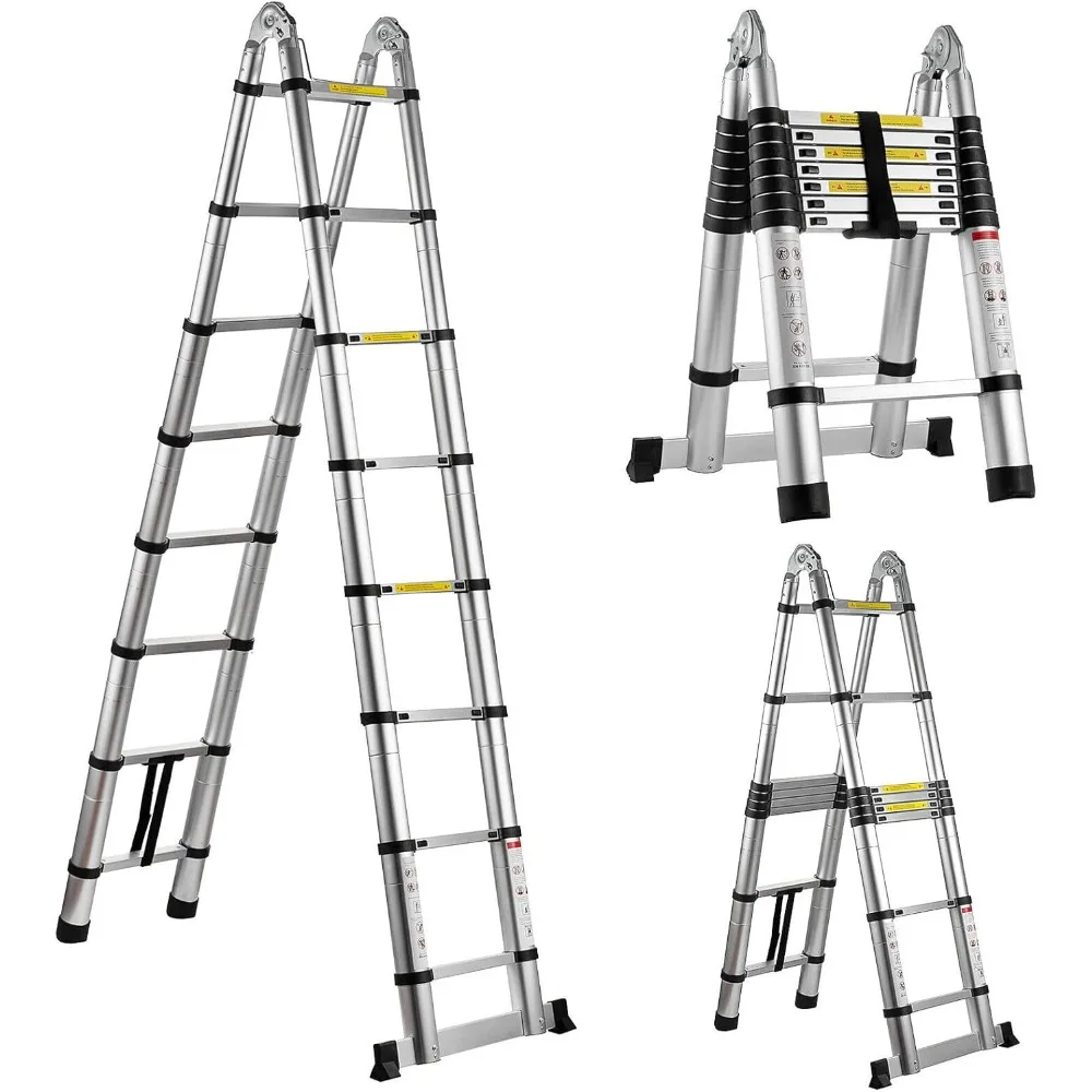 

16.5FT Aluminum Telescoping Ladder - A Frame Extension Ladder with Stabilizer, Max Load 330lbs