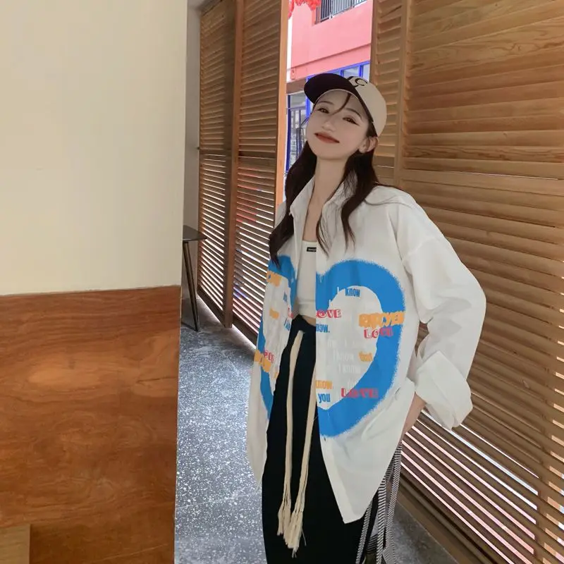 Love Heart Print Long Sleeve Women's Shirt Loose Fit Thin Autumn Outerwear Korean Style Casual Fashion Design Casual Shirt