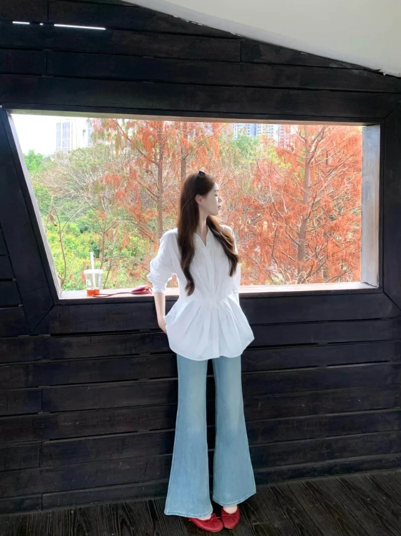 

French Style Office Lady Long-sleeved Shirt Women's Spring Turn-down Collar Pleated Slim Fit Shirt Top Fashion Female Clothes