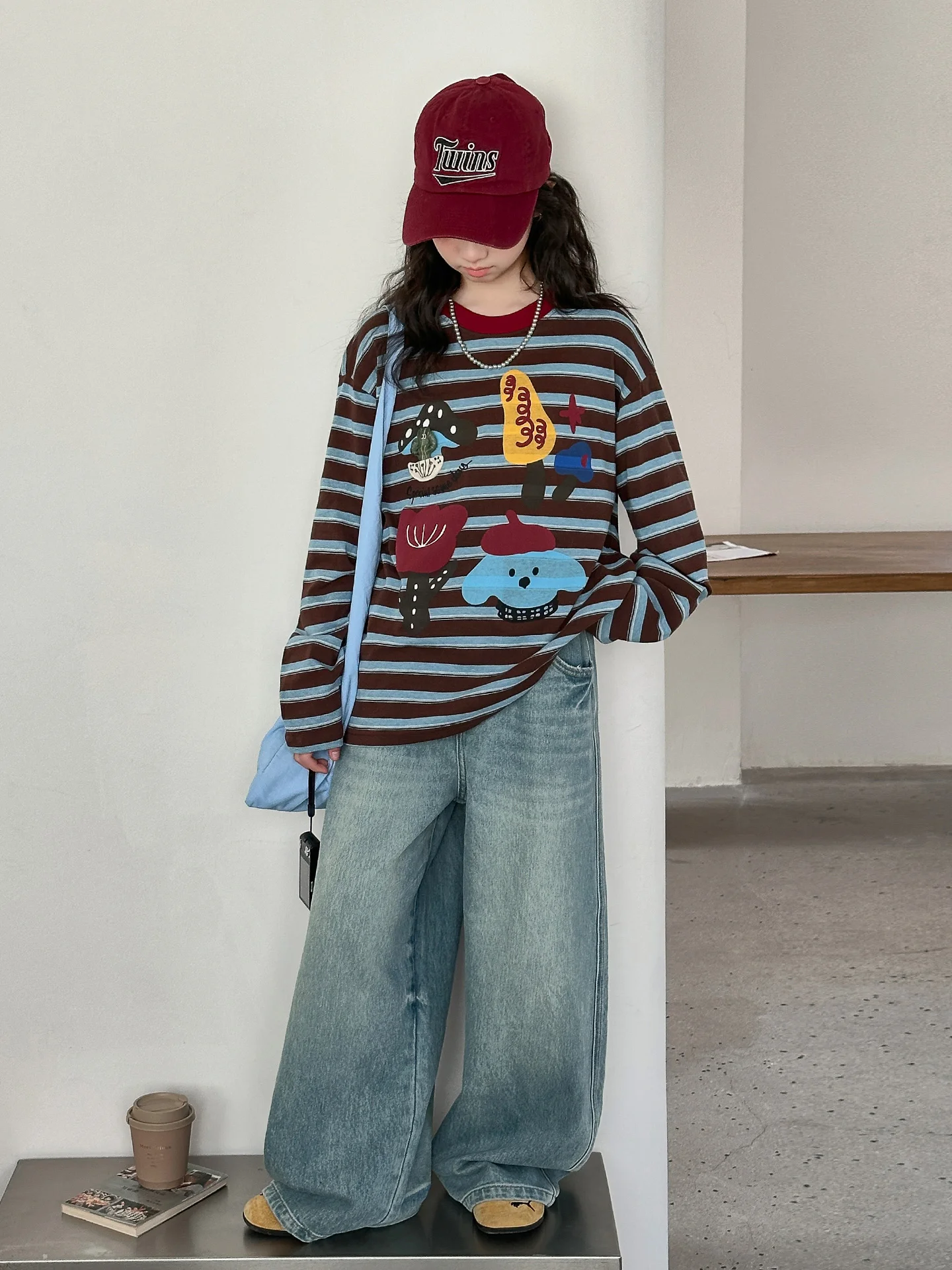 

Повседневный комплект для девочек: джинсовые брюки в полоску с длинным рукавом и топ, весна-осень, модный комплект из двух предметов, дышащий, удобный, свободного кроя