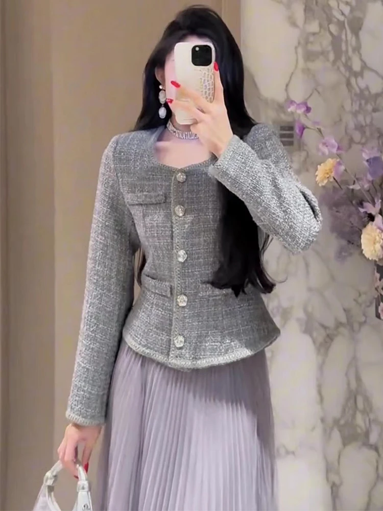 Fashion set 2025 new style temperament round neck coarse woolen top mesh skirt two-piece set elegant commuting set