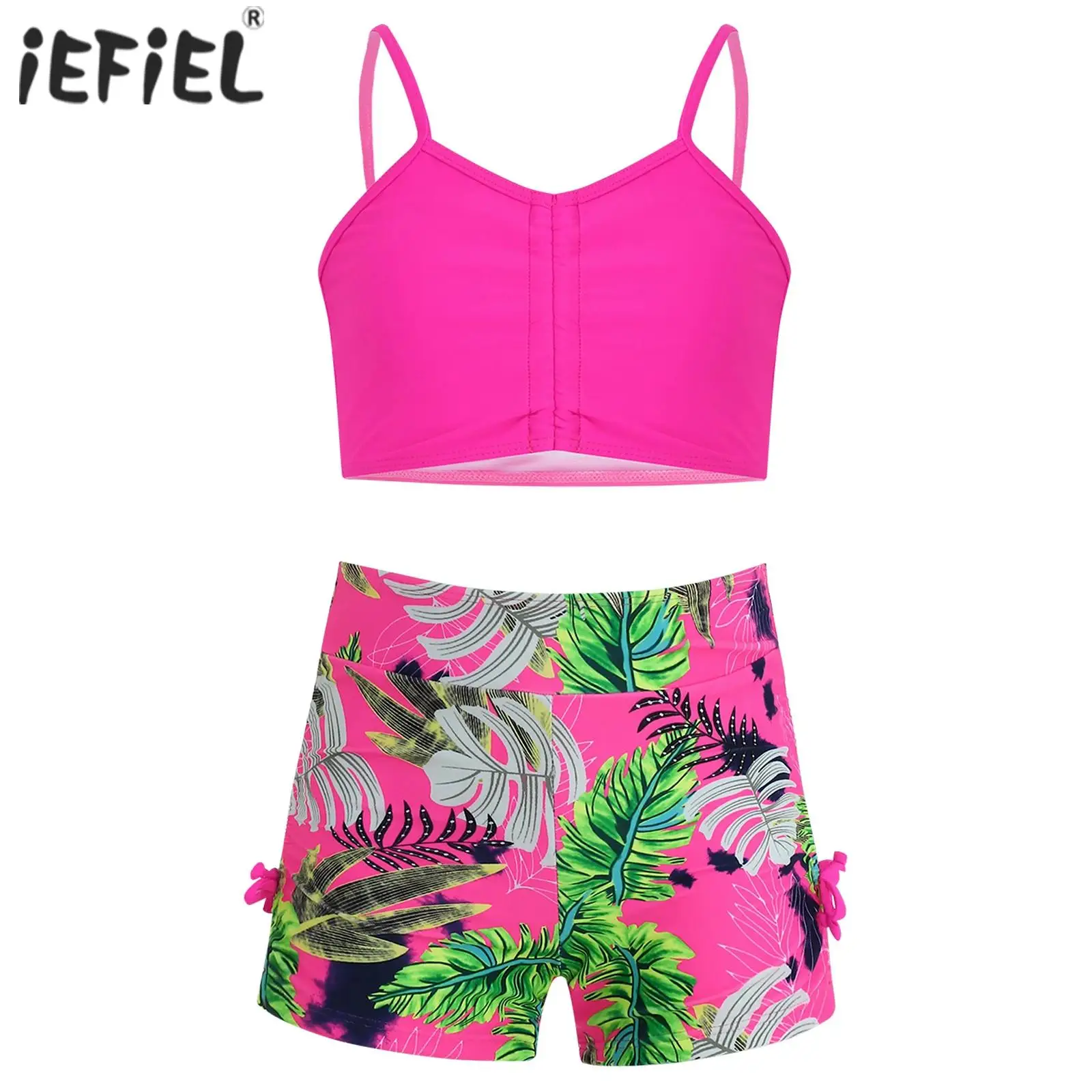 2Pcs Kids Girls Tankini Swimsuit Swim Sets Cami Top and Drawstring Swim Shorts Outfits Print Swimwear Beachwear Bathing Suit