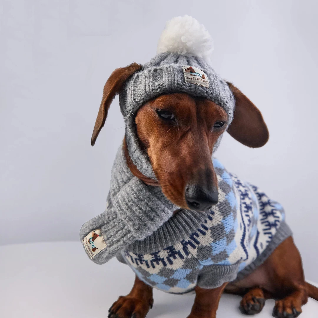 Warme blauwgrijze Fair Isle trui voor Wiener Dog, geschikt voor de winter en de herfst. Zachte, korte mouwen, dikke vest voor Dachshund.