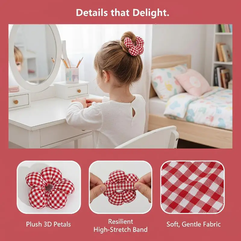New 1Pcs Flower Shaped Hair Scrunchies Plaid Denim Shiny Styles Soft Fabric For Daily Wear Parties School Girls Hairstyling
