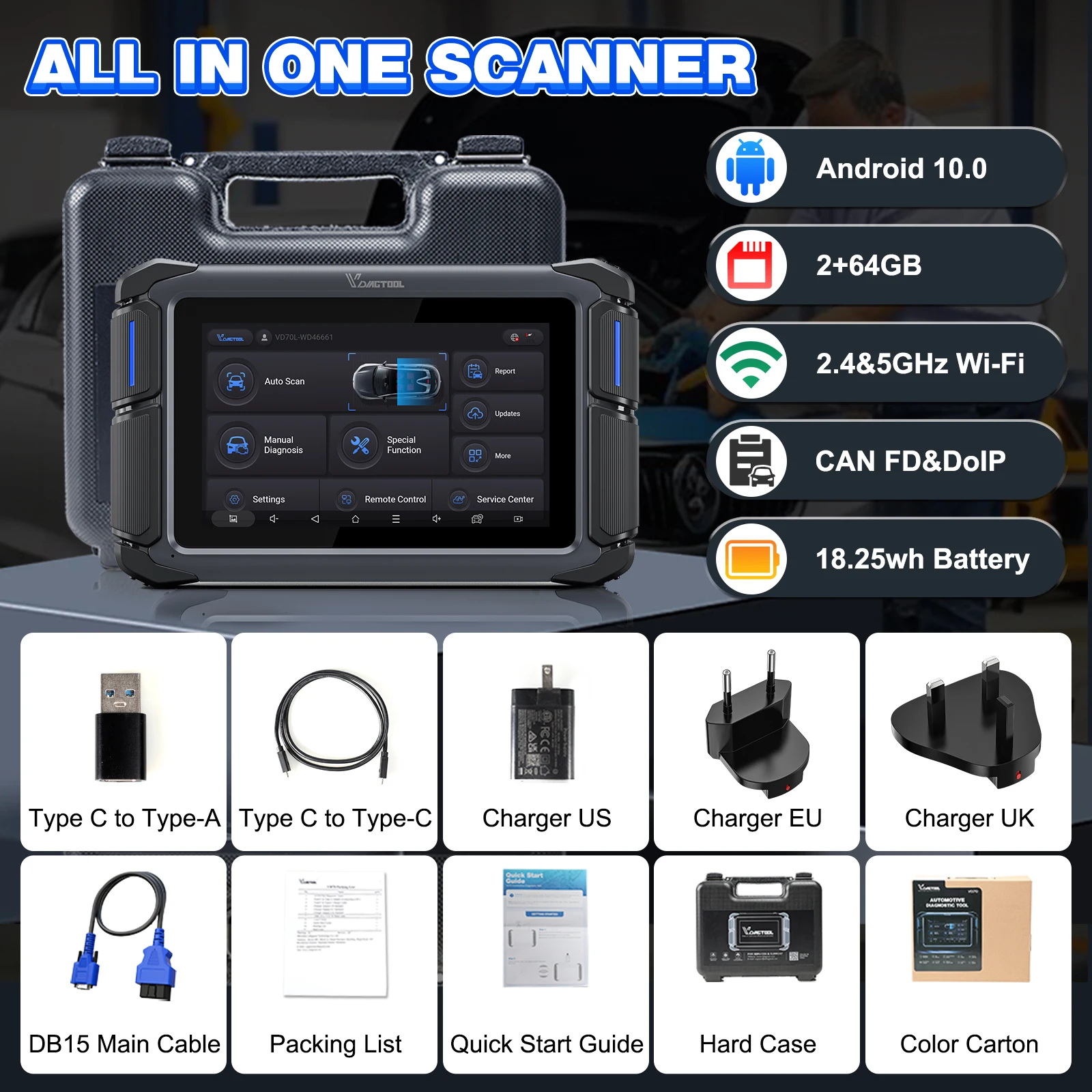 Picture 9: VDIAGTOOL VD70 Lite Car Diagnostic Tools Automotive Scanner With Key Programming FCA Autoauth DoIP CANFD Protocol 31+ Reset VD70Lite OBD2 Bidirectional Control Scanner Lifetime Free Update