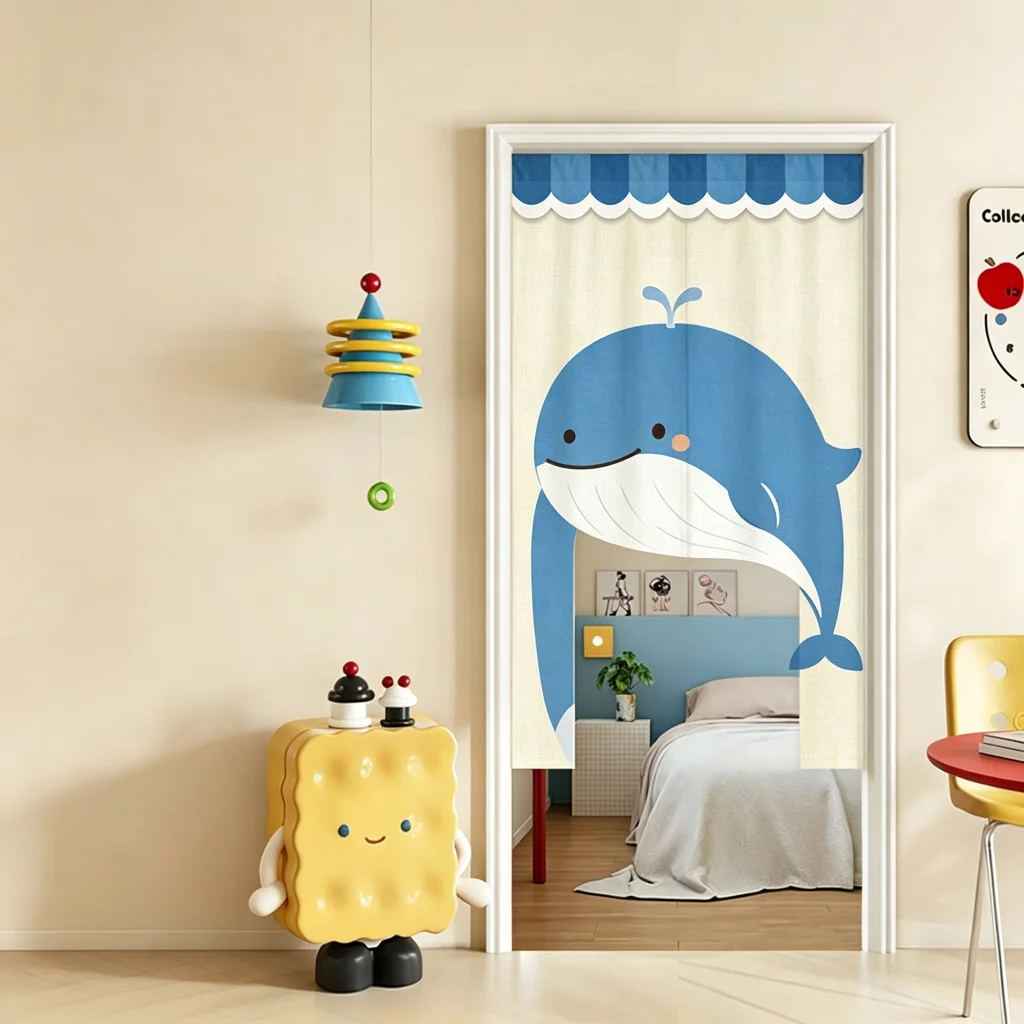 VIKAMA Blue Whale Arched Half Door Curtain Kids Room Bedroom Nursery Cotton Linen Short Curtain Privacy Partition Home Decor