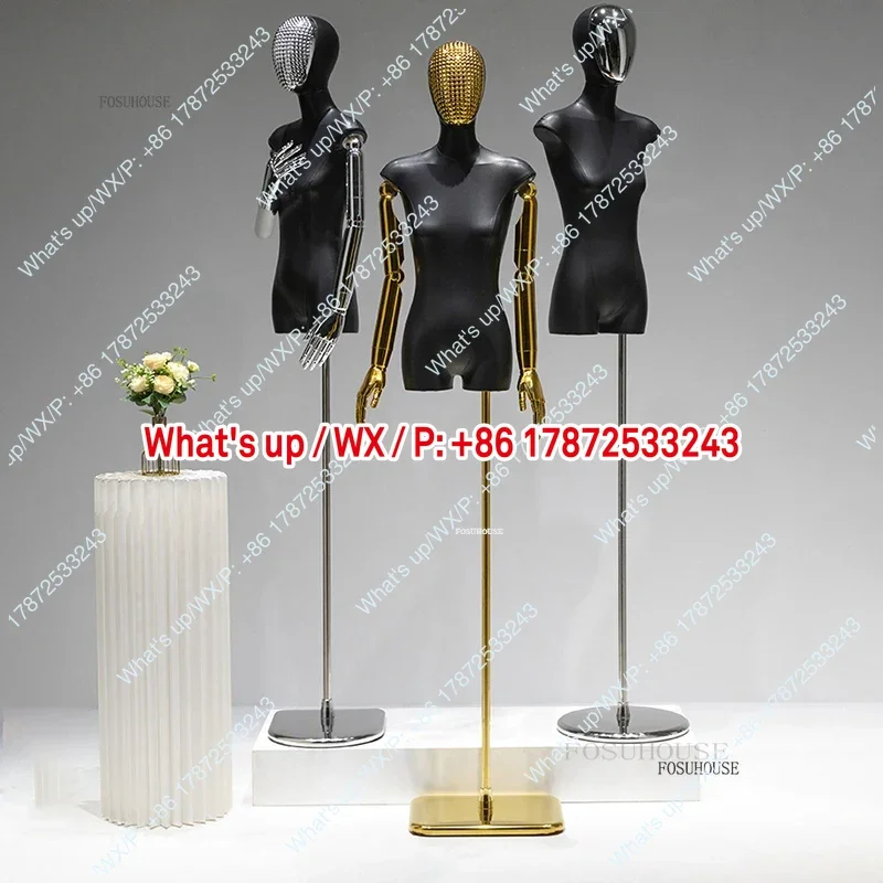 Female PU Black Bust Mannequin with Iron Frame for Clothing Store Electroplated Head And Hands Window Display Stand
