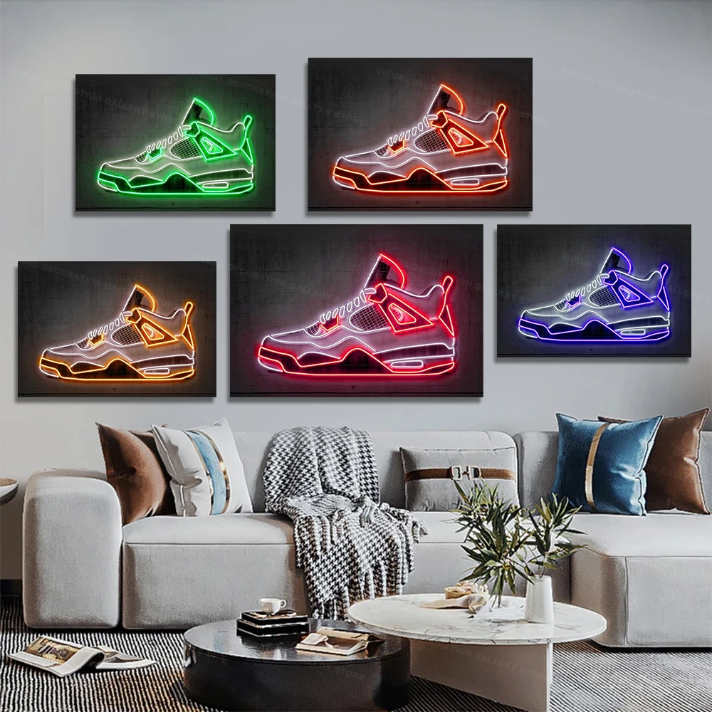 

Colorful Neon Signs Sports Shoe Canvases Wall Paintings Art Poster Printed Fashionable Sport Shoes Boys' Room Home Decor Picture