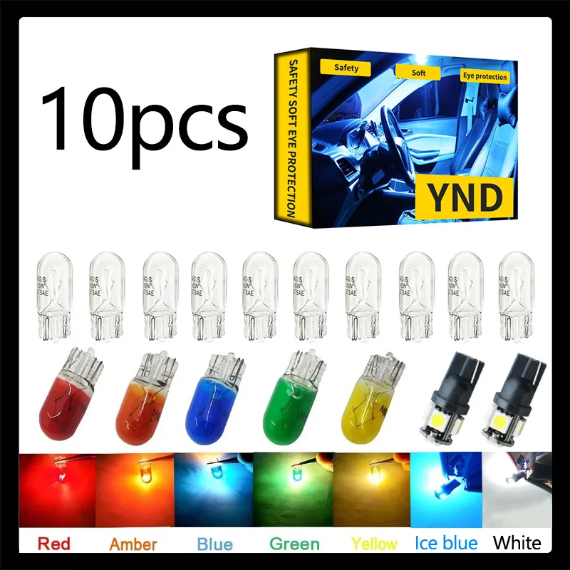 10pcs Car T10 12V 194 168 W5W 3W/5W Wedge Warm White Bule Red Yellow Green Amber Halogen Bulb Replacement Dashboard Bulb Light