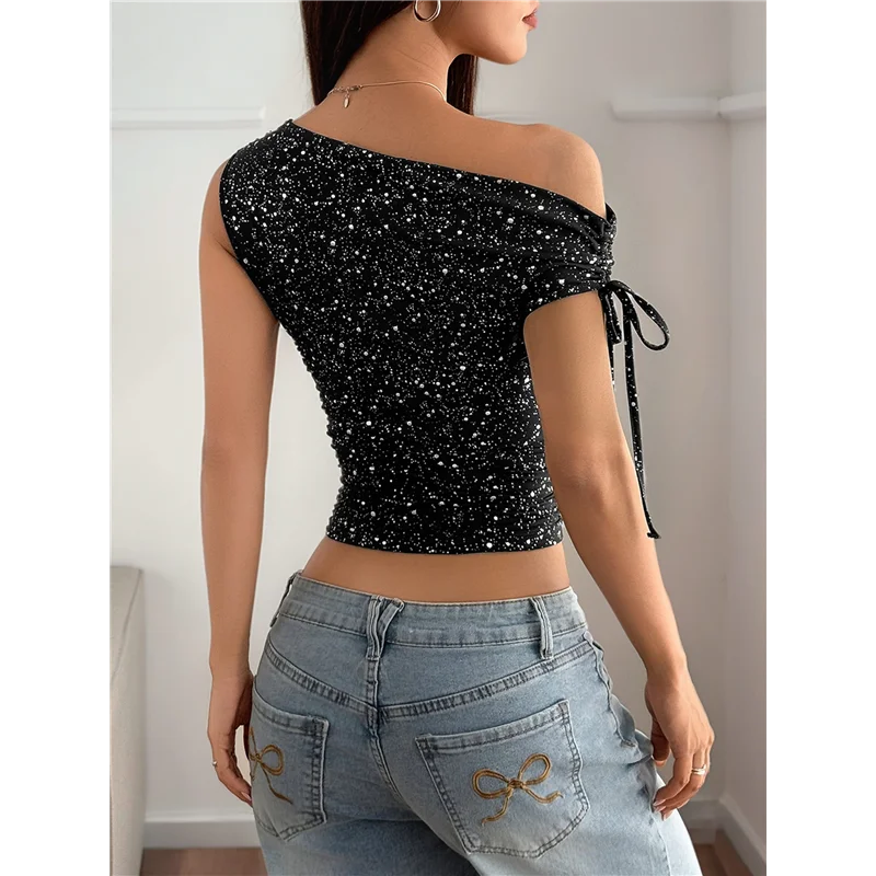 ABRT-One ไหล่เลื่อม Sparkly Tops สําหรับผู้หญิง Ruched ไม่สมมาตร Glitter Tops Slimming Party เสื้อ