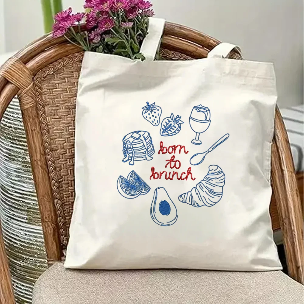 Bolsa de Lona con Diseño de Croissant y Aguacate, con el Elegante Eslogan 'Born To Brunch', Reutilizable, para Viajes de Fin de Semana, Bolso de Hombro