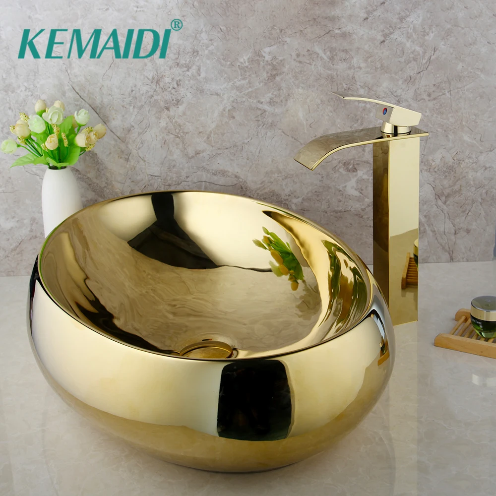 KEMAIDI Bathroom Ceramic Basin Sink Golden Plated Solid Brass Faucet Tap Set Bowl Vessel Washbasin Sink W/ Pop Drain Combo