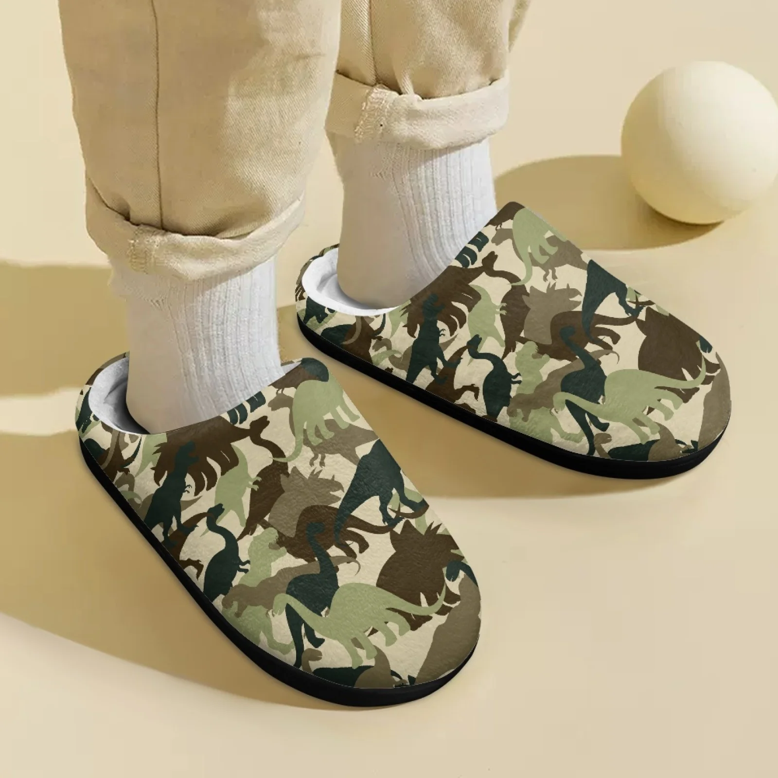 Camo Dinosaur Winter Home Plush Slippers Kids Half Shoes Boys Girls Mules Sandals Indoor Bedroom Cotton Slipper Children Slides
