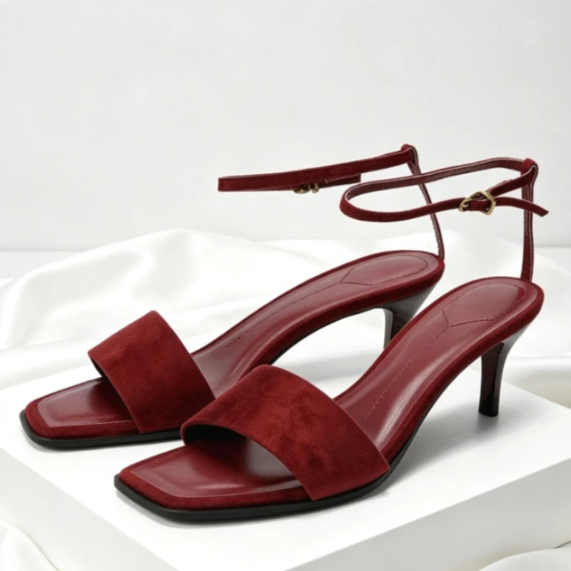 

Luxury Designer Faux Suede High Heels Woman Summer Sexy Square Open Toe Heeled Sandals Elegant Ankle Strap Party Dress Shoes