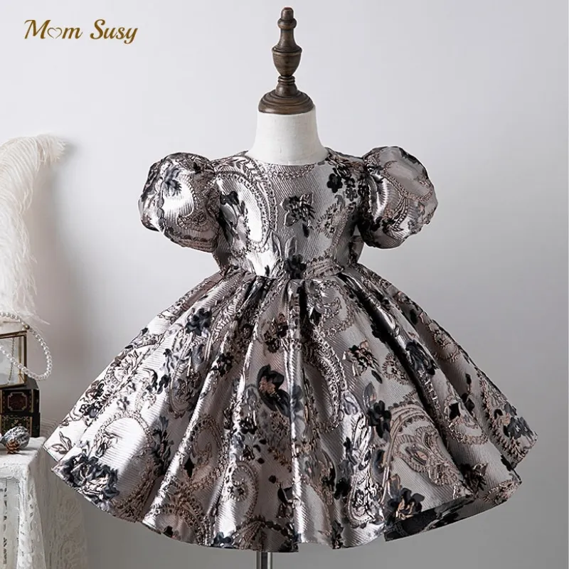 Baby Girl Princess Silk Dress Short Puff Sleeve Infant Toddler Vintage Big Bow Vestido Party Pageant Birthday Ball Gown 1-12Y