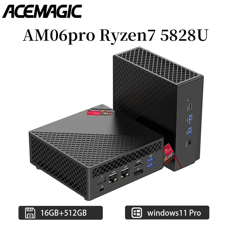 ACEMAGIC AM06Pro Mini PC Ryzen 7 5825U 16GB RAM 512GB SSD Turbo Boost do 4.5GHz M.2 2230 WiFi 6+BT5.2 Obsługuje 3 wyświetlacze